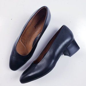 BeautiFeel Women's Black Leather Almond Toe Chunky Block Heel Pumps Size 40